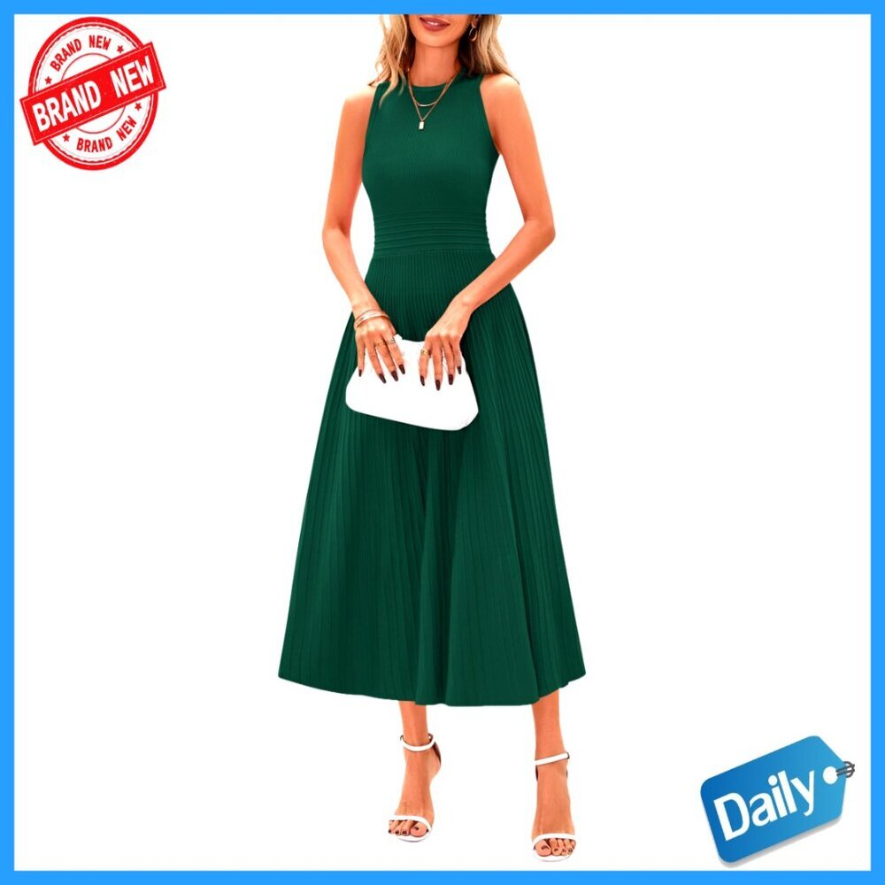Sleeveless Midi Dress Pleated A-Line Cocktail Business Casual Chic